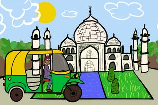 Die Illustration zeigt eine grün-gelbe Autoriksha vor dem indischen Taj Mahal, ©Antonia Mauder.