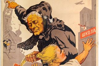 The poster portrays the diametry of religion and socialism. In the left foreground we see an old woman with the features of a witch roughly pulling a young girl by her blonde braid from a school building in the right background while pointing her fingers towards a church in the left background. The school is depicted as a stable modern building. The church on the other hand as a decaying old one. On the roof of the school stands a young healthy-looking man in uniform, holding up a trombone. Above him is the silhouette of an airplane. An old bearded man in church robes looks out of a stone window of the church while birds circle above the leaning church towers.