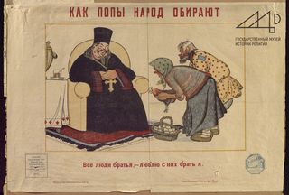 In this poster, one of the reasons for an anti-clericalist stance is depicted. A clergyman sits well-fed on a large armchair with a red fringed carpet underneath, joyfully awaiting offerings from the people. Two peasants bow before him. The woman (headscarf, cardigan and skirt) holds a chicken in her hand and a basket with eggs stands in front of her. The man (white beard, yellow and red dotted long shirt) assumes a humble posture. The bloated clergyman grins nastily, closes his eyes and holds his hands together in front of his stomach over a large golden cross.