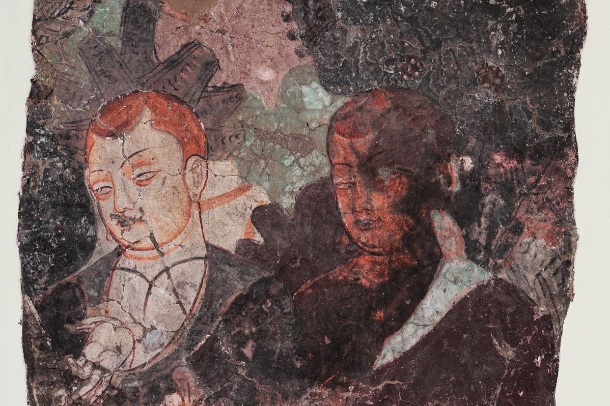 enlarge the image: Painting depicting two monks from cave 92 of Buddhist Kizil Caves, China, 2001, Photo: © Staatliche Museen zu Berlin, Museum für Asiatische Kunst / Jürgen Liepe