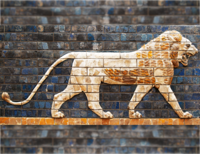 Section of the Ishtar-gate from Babylon showing a striding lion. Photo: Colourbox